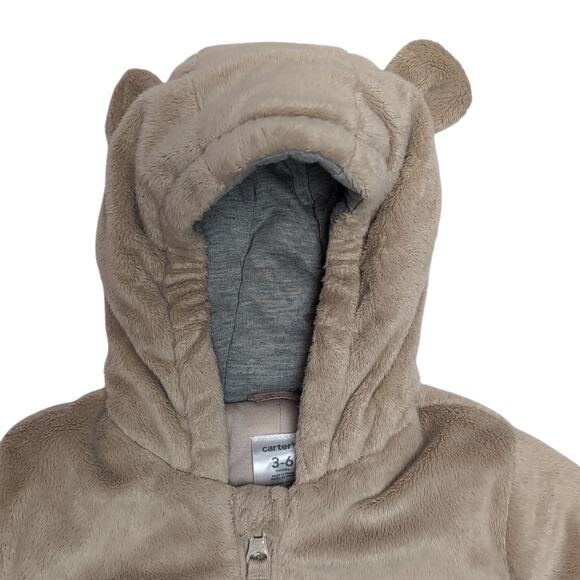Carters Baby Pram 3-6 months Tan Bear Ears Full Zip Furry Little Explorer One Pc - Picture 2 of 10
